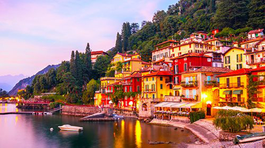The lakeshore of Varenna at dusk, Lecco province, Lombardy, Italy.